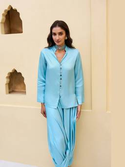 dash and dot - Blue Textured Satin Shirt