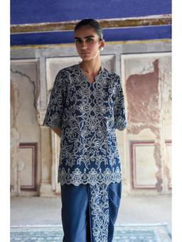 dash and dot - Navy Blue Metallic Thread Embroidered Scalloped Denim Top