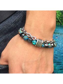 Jazz and Sizzle - Men's Stainless Steel Beaded Bracelet - Blue Stone Beads With Chain