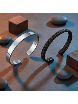 Jazz and Sizzle - Mens Black Plated Textured And Silver Plated Cuff Bracelet Combo (Pack of 2)