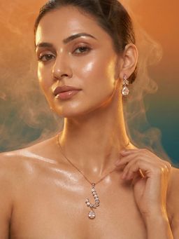 Tussya by Shreya - Nelina Statement White Pendant with Chain and Earrings