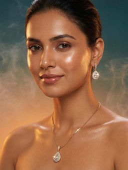 Tussya by Shreya - Zerina Statement White Pendant with Chain and Earrings