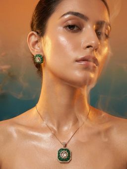 Tussya by Shreya - Zenora Statement Green Pendant with Chain and Earrings