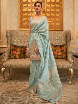 Akhilam - Womens Modal Turquoise Embroidered Handloom Saree with Unstitched Blouse