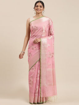 Banarasi Silk Works - Pink Masrise Cotton Alfi Boota Zari Border Saree with Unstitched Blouse
