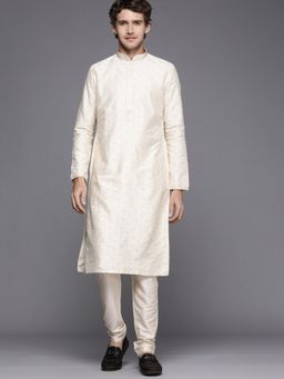 Manyavar - Beige Full Sleeves Kurta with Pencil Pajama (Set of 2)