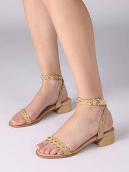 Twenty Dresses by Nykaa Fashion - Women Khaki Round Toe Studded Scalloped Block Heel Sandals