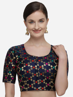Amrutam Fab - Womens Printed Blue Jacquard Stiched Blouse With Round Neck