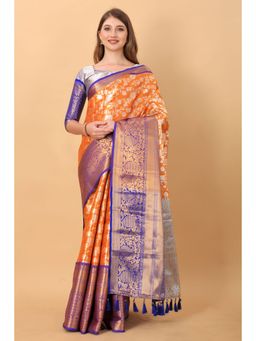 Yavira Silk - Orange Ethnic Wear Silk Blended Kanjeevaram Traditional Saree with Unstitched Blouse