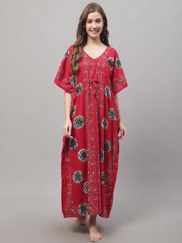 Secret Wish - Women's Red Cotton Kaftan with Batik Print
