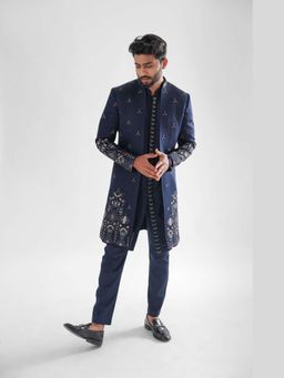 PAARSH - Naval Navy Blue Open Sherwani With Kurta And Pant