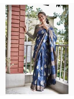 FLOSIVE - Blue Cotton Blend Woven Saree