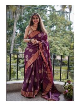 FLOSIVE - Purple Cotton Blend Woven Saree