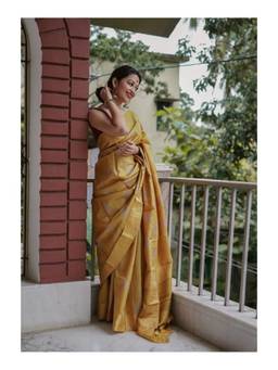 FLOSIVE - Yellow Cotton Blend Woven Saree