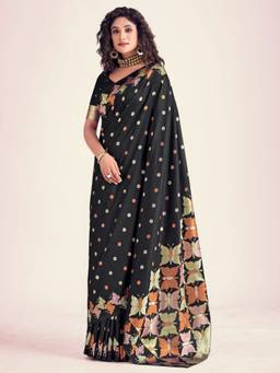 FLOSIVE - Jet Black Silk Blend Woven Saree