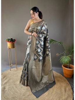FLOSIVE - Grey Silk Blend Woven Saree