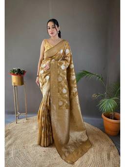FLOSIVE - Yellow Silk Blend Woven Saree