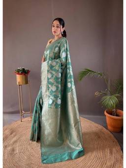 FLOSIVE - Green Silk Blend Woven Saree