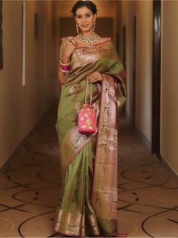 FLOSIVE - Mint Green Banarasi Silk Woven Saree