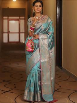 FLOSIVE - Teal Banarasi Silk Woven Saree