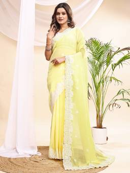 HESVI - Yellow Georgette Embroidered Chikankari Saree