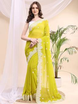 HESVI - Yellow Georgette Embroidered Chikankari Saree