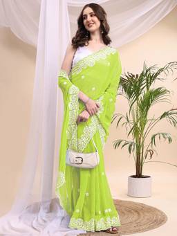 HESVI - Green Georgette Embroidered Chikankari Saree