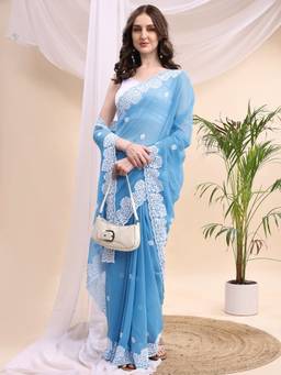 HESVI - Blue Georgette Embroidered Chikankari Saree