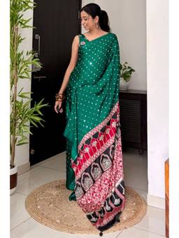 Mysilklove - Fire Fly Green Ajrakh Satin Printed Mirror Work Saree