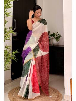 Mysilklove - White Linen Bandhani with Mirror Work Saree