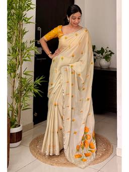 Mysilklove - Moonlit Cream Embroidered Chiffon Floral Saree