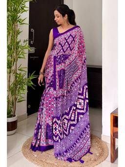 Mysilklove - Insolent Purple Ajrakh Satin Printed Mirror Work Saree
