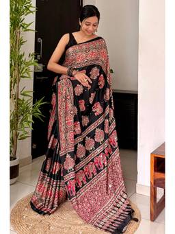Mysilklove - Raven Black Ajrakh Satin Printed Mirror Work Saree