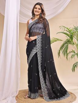 HESVI - Black Georgette Embroidered Mirror Work Saree