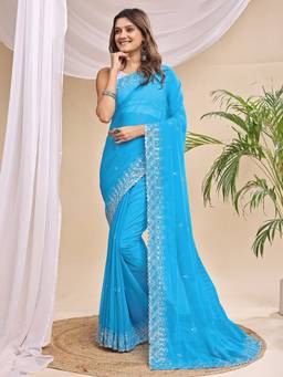 HESVI - Blue Georgette Embroidered Mirror Work Saree