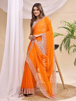 HESVI - Orange Georgette Embroidered Mirror Work Saree