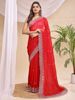 HESVI - Red Georgette Embroidered Mirror Work Saree