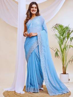 HESVI - Light Blue Georgette Embroidered Mirror Work Saree