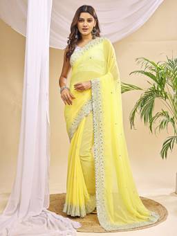 HESVI - Yellow Georgette Embroidered Mirror Work Saree