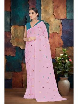 Monjolika Fashion - Light Pink Embroidered Work Georgette Saree