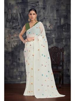 Monjolika Fashion - Off White Embroidered Work Georgette Saree
