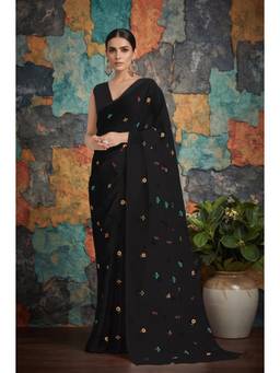 Monjolika Fashion - Black Embroidered Work Georgette Saree