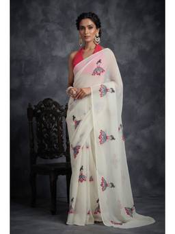 Monjolika Fashion - White Embroidered Work Georgette Saree