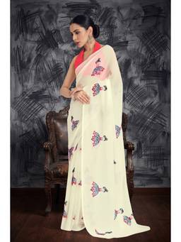 Monjolika Fashion - Cream Embroidered Work Georgette Saree