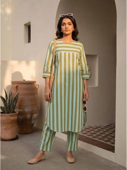 Vastara TheLabel - Striped Cotton Mint Green Kurta and Pant
