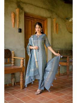 Vastara TheLabel - Grey Chanderi Silk Stripes Kurta with Pant and Dupatta
