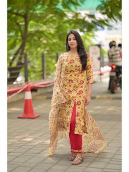 Vastara TheLabel - Yellow Cotton Floral Kurta with Pant and Dupatta