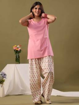 Rimeline - Pink Pure Cotton Solid Farshi Kurta with Salwar