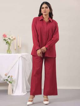 Rimeline - Red Pure Cotton Solid Co-ord Set