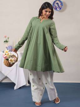 Rimeline - Olive Pure Cotton Solid Farshi Kurta with Salwar